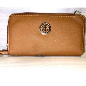 REBECCA RIFKA LEATHER DOUBLE ZIPPER SAFFIANO COGNAC LADIES WALLET PURSE WRISTLET